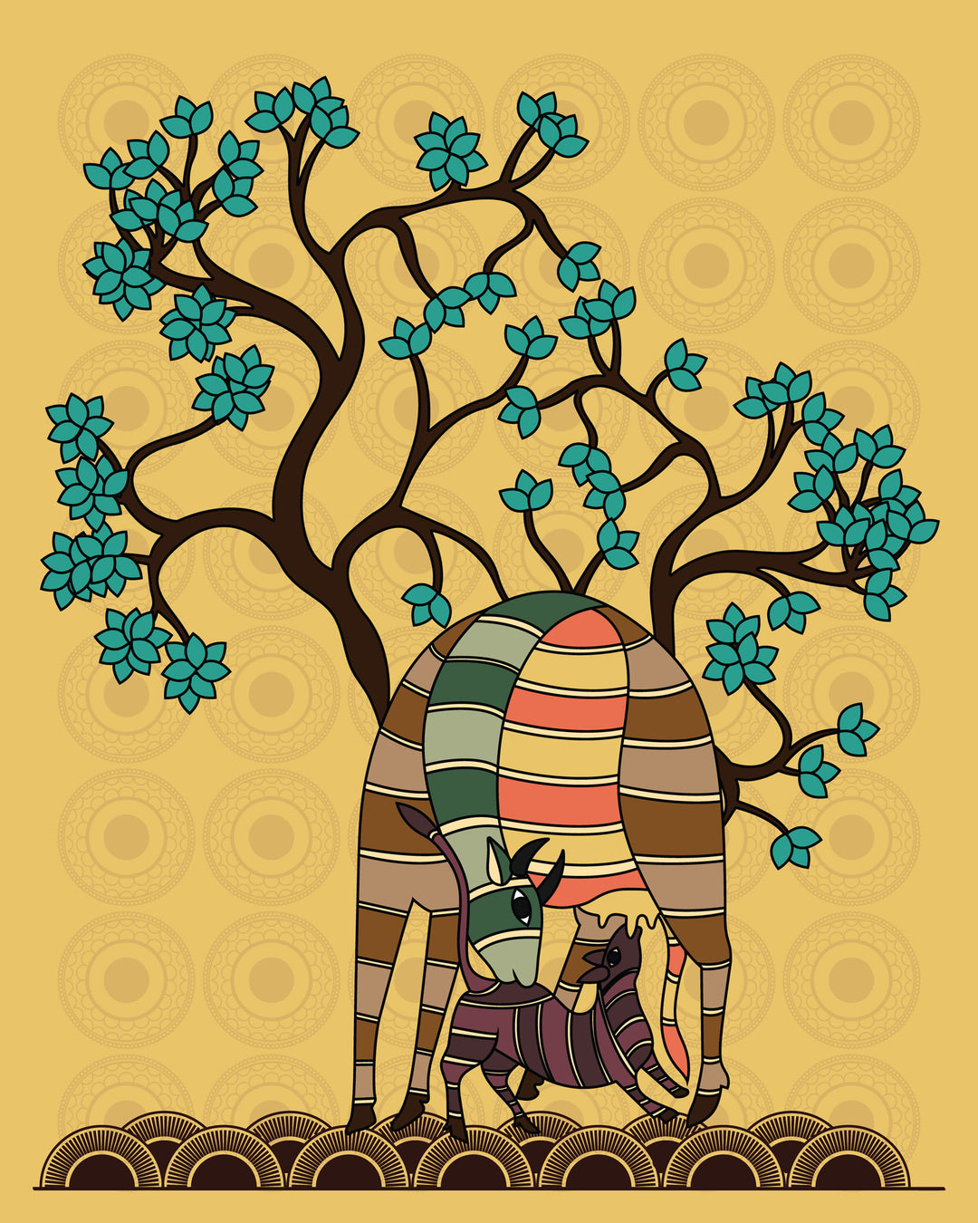Wadi Home folk art canvas print featuring stylized animals under a blooming tree on a golden yellow background.