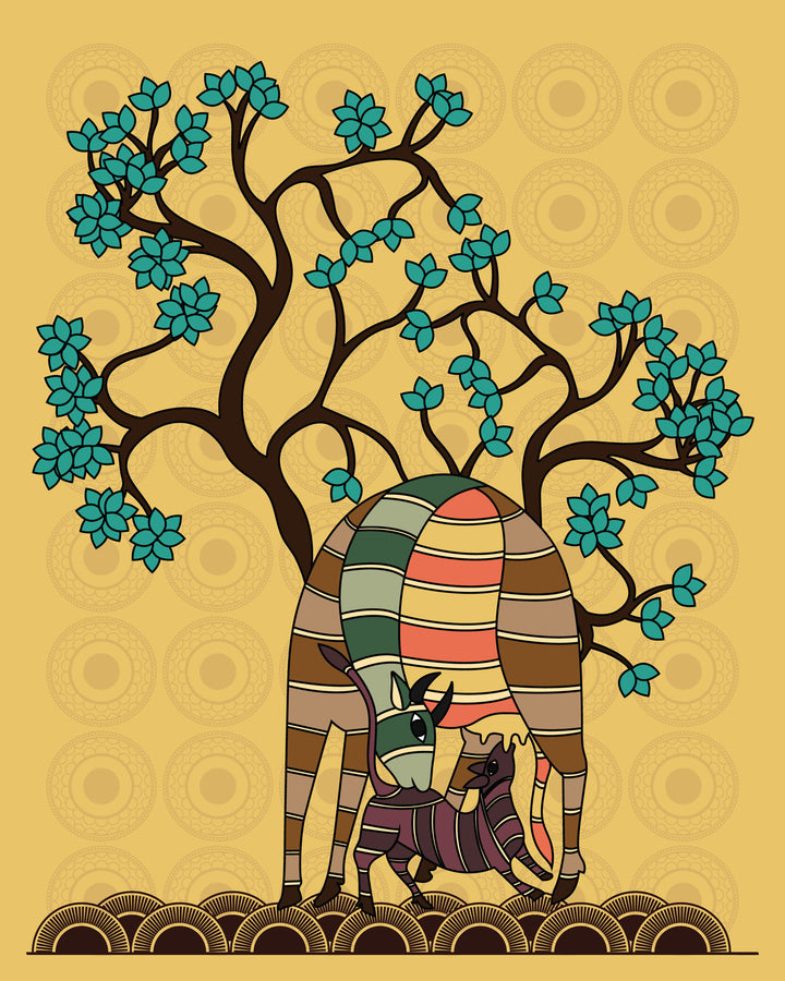 Wadi Home folk art canvas print featuring stylized animals under a blooming tree on a golden yellow background.
