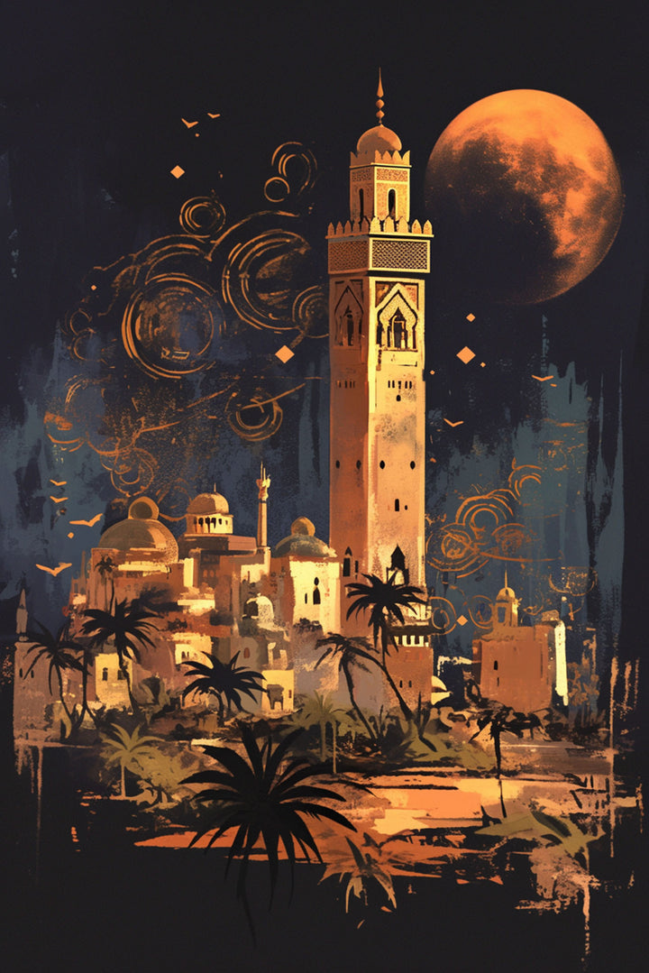 Wadi Home desert cityscape wall art print featuring a moonlit oasis with architectural silhouettes in blue and ochre.