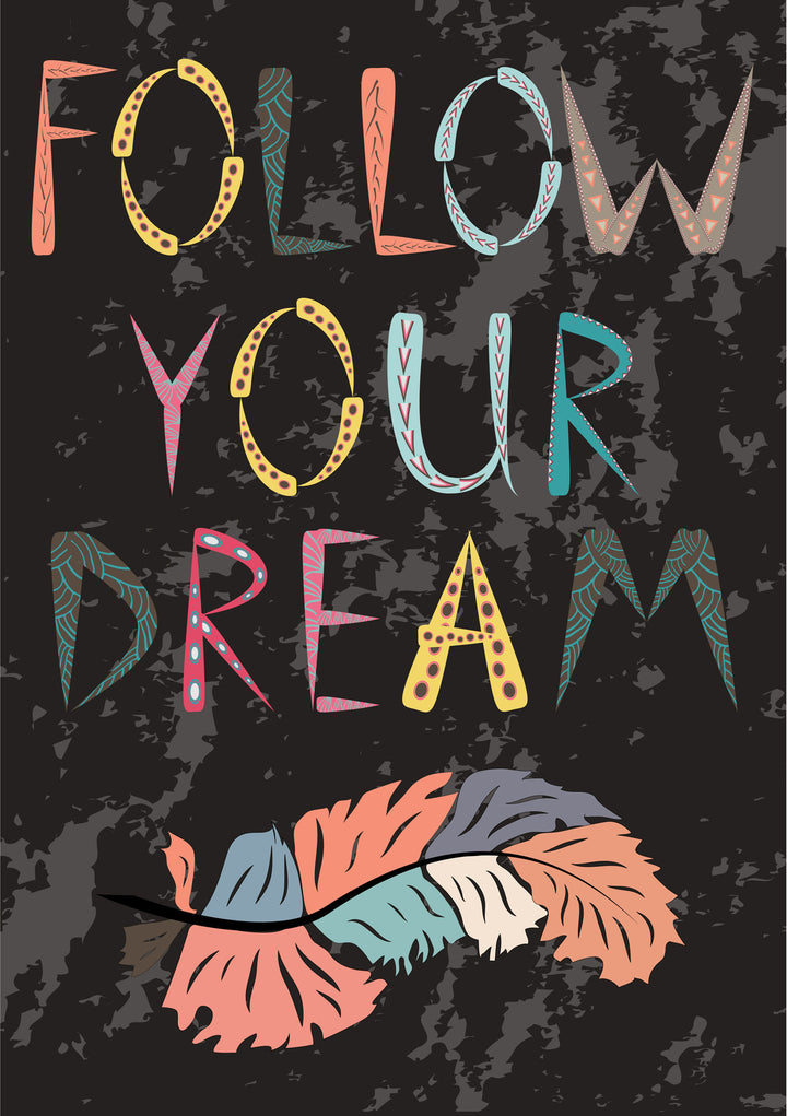 Wadi Home Follow Your Dream wall art print with bohemian feather design on a textured black background in a living room