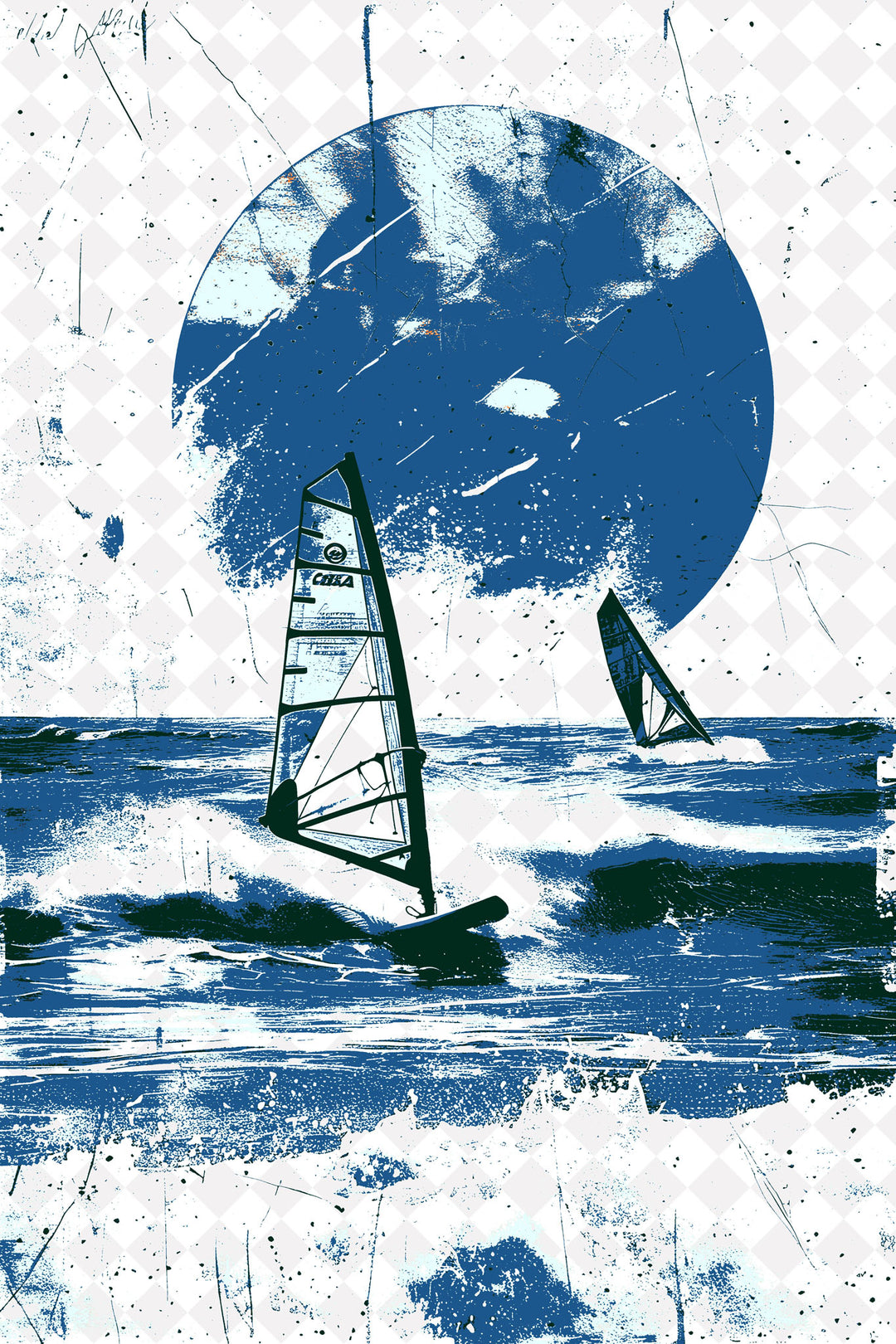 Wadi Home framed wall art featuring a blue windsurfing ocean scene displayed in a coastal living room.