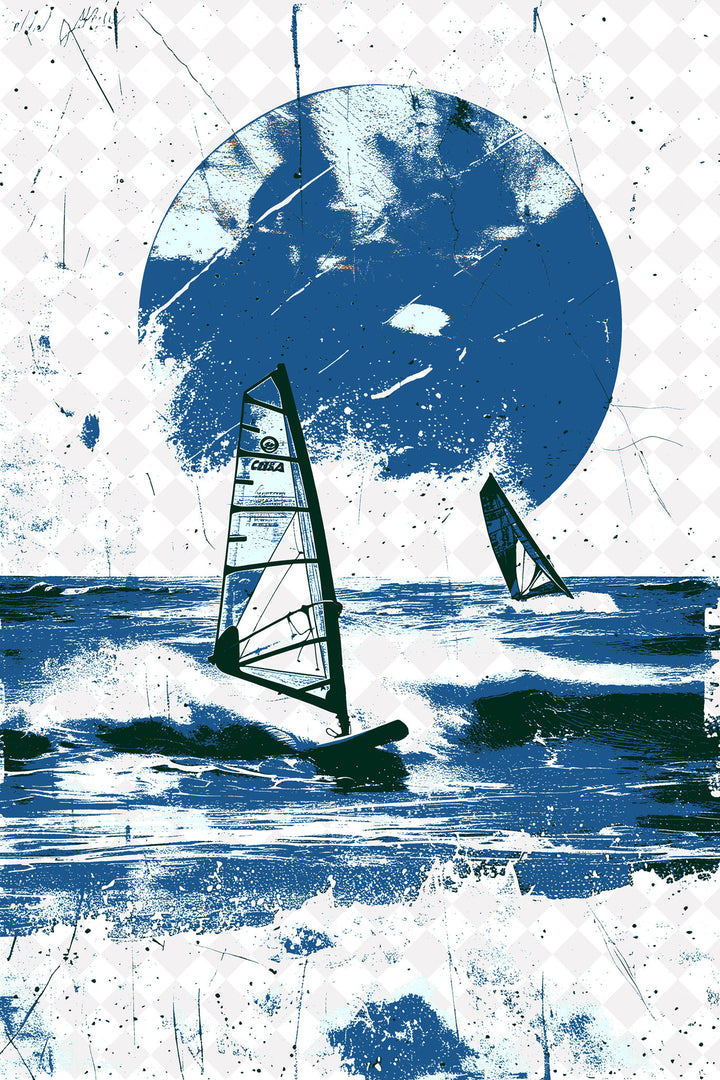 Wadi Home framed wall art featuring a blue windsurfing ocean scene displayed in a coastal living room.