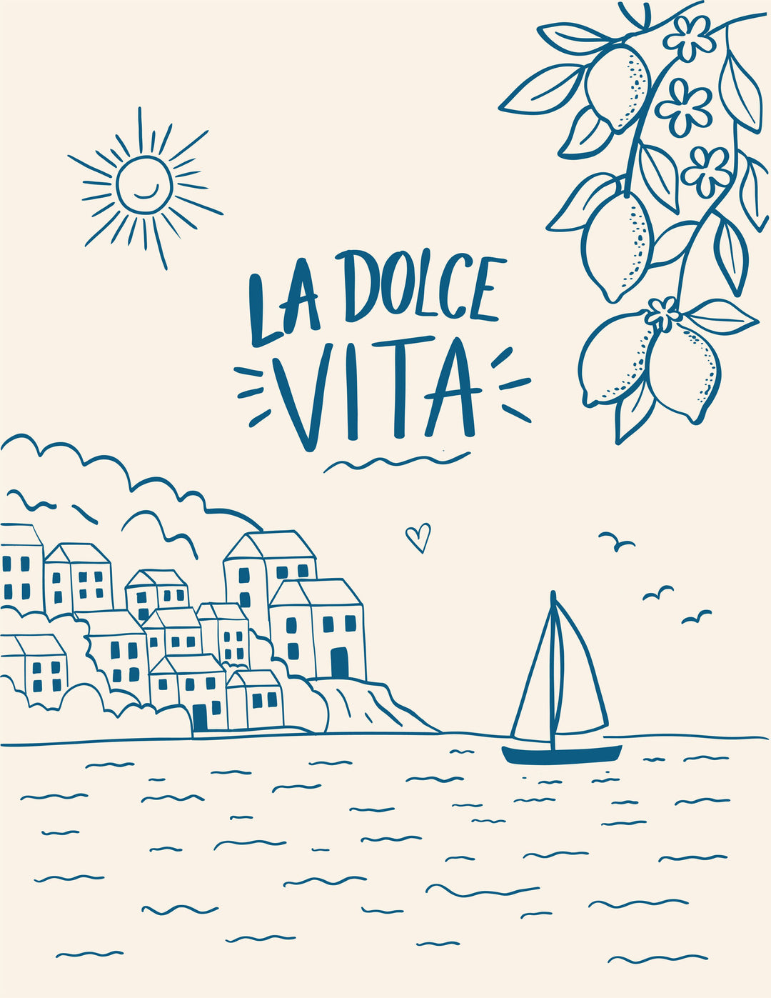 Wadi Home La Dolce Vita coastal wall art print featuring blue line-art of a Mediterranean village and lemons on cream.