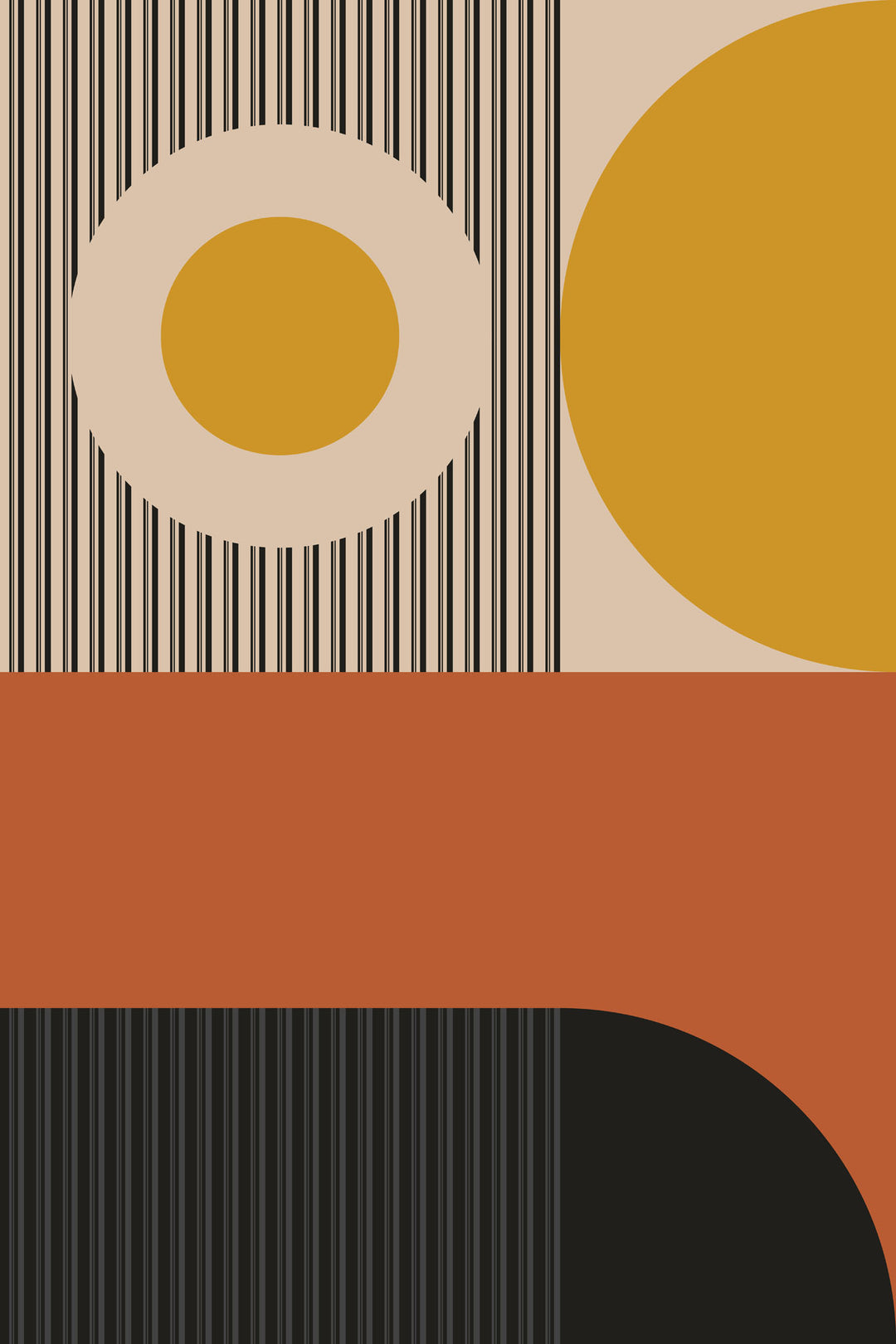 Wadi Home abstract geometric wall art print with ochre, burnt orange, and charcoal shapes in a modern living room.