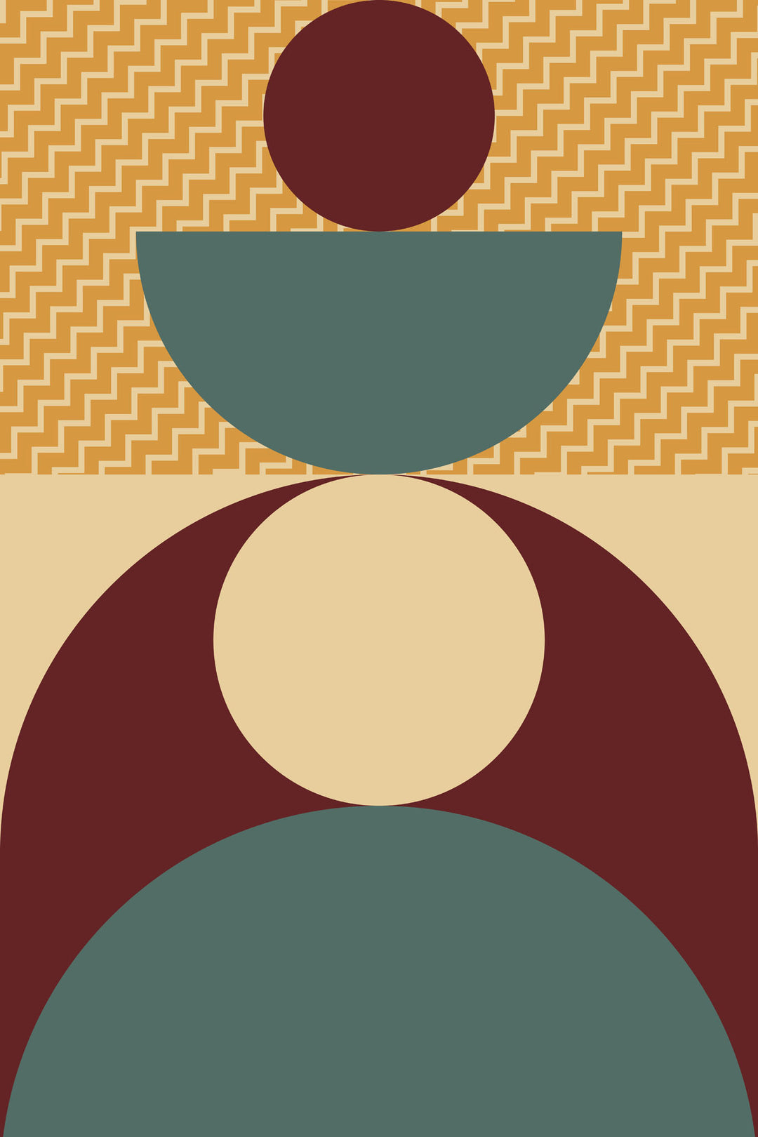 Wadi Home abstract geometric wall art print with burgundy, teal, and mustard yellow shapes in a modern living room.