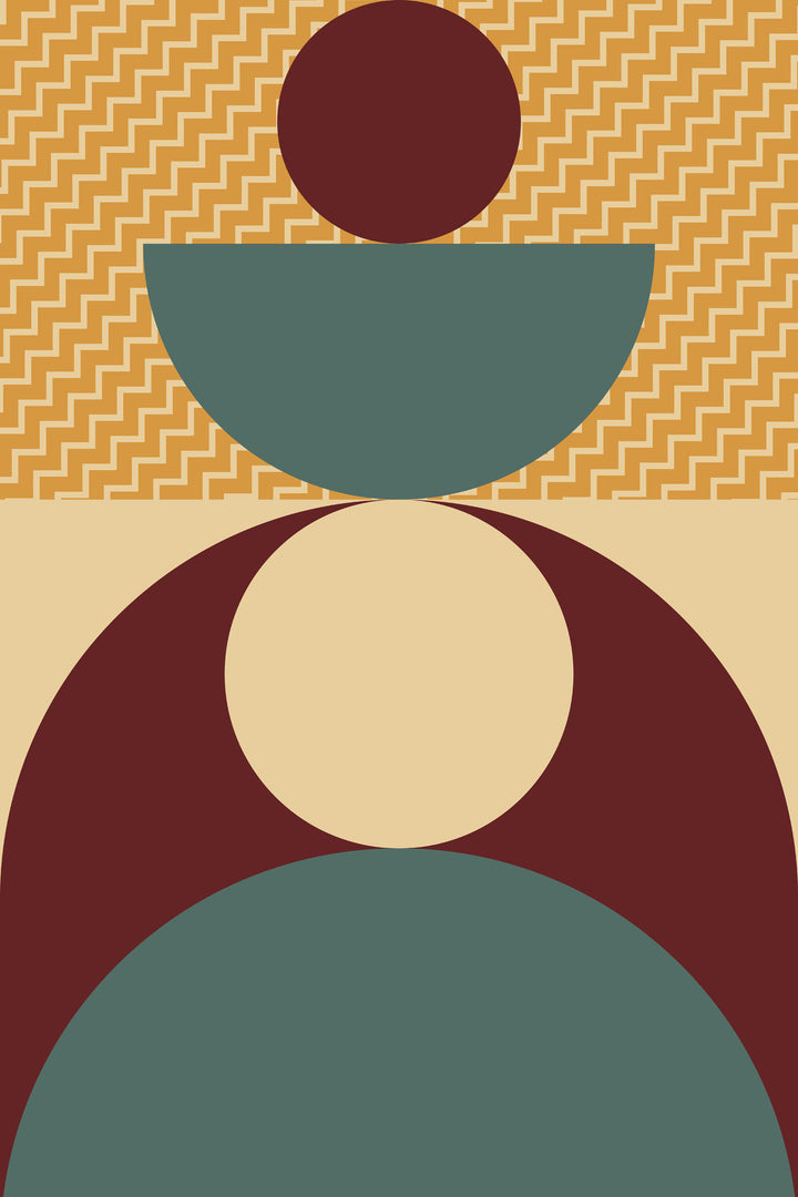 Wadi Home abstract geometric wall art print with burgundy, teal, and mustard yellow shapes in a modern living room.