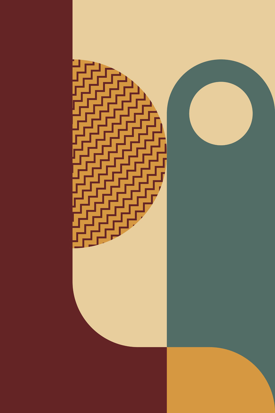 Wadi Home abstract geometric wall art print with burgundy, teal, and mustard shapes on a cream background.