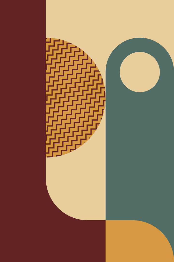 Wadi Home abstract geometric wall art print with burgundy, teal, and mustard shapes on a cream background.