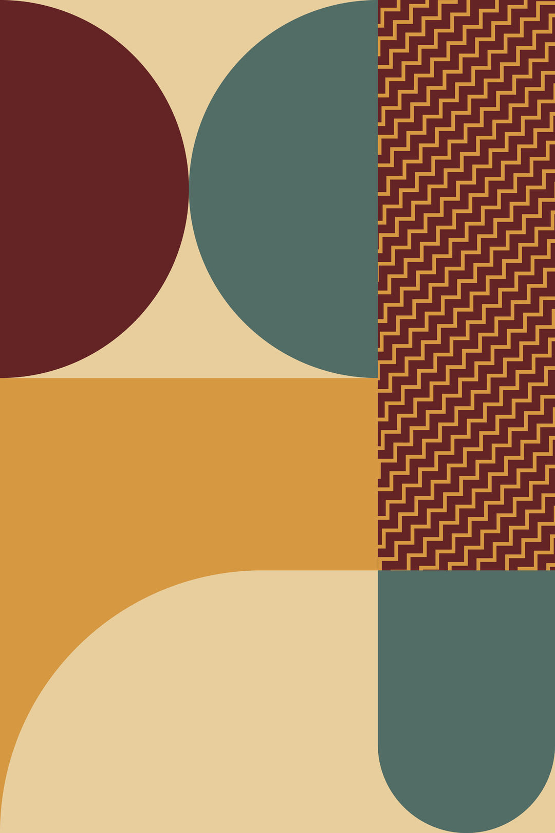 Wadi Home abstract geometric wall art print with burgundy, teal, and mustard shapes in a modern living room.