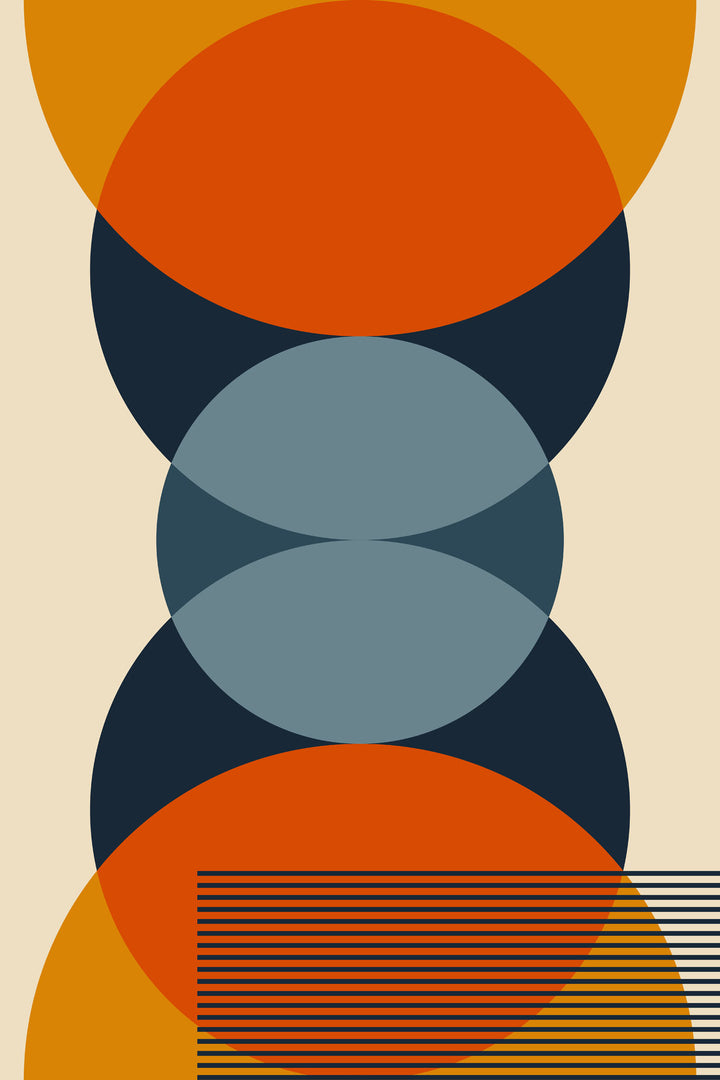 Wadi Home mid-century modern geometric wall art with orange, navy, and slate blue circles in a warm-toned living room.
