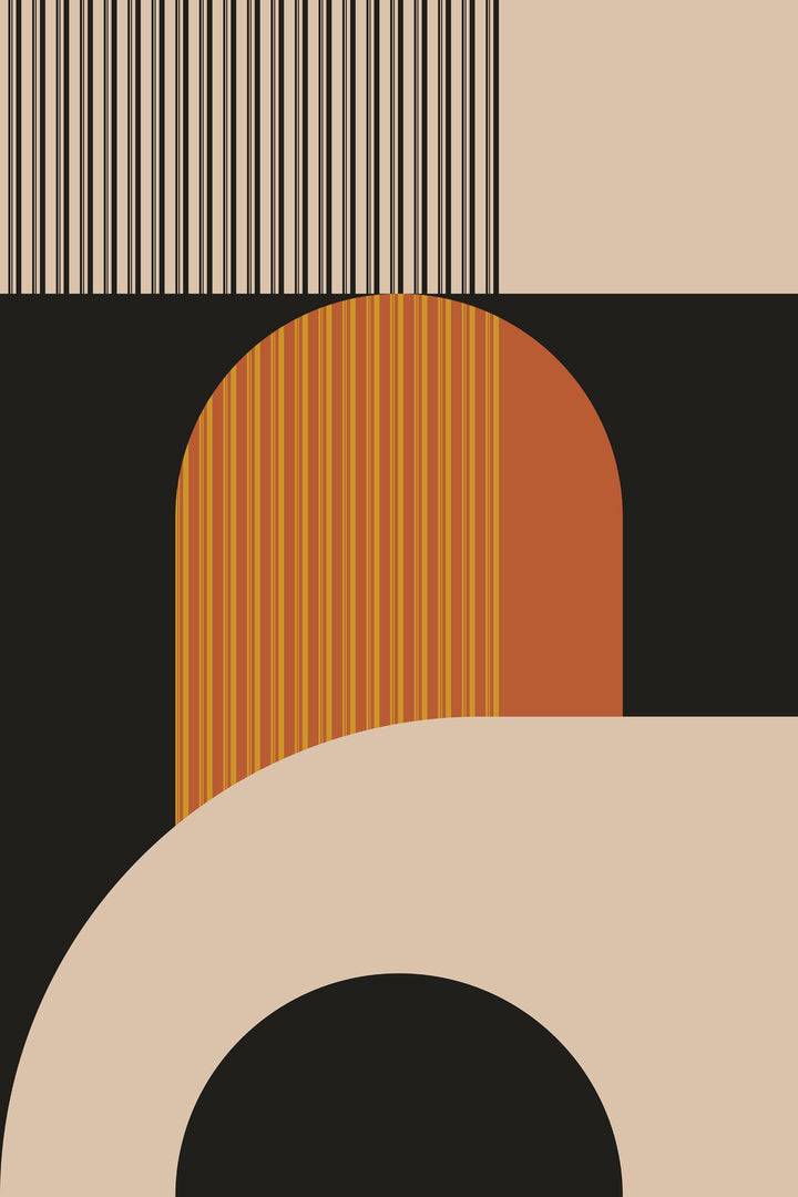 Wadi Home modern geometric abstract wall art print featuring black, cream, and burnt orange shapes in a living room.