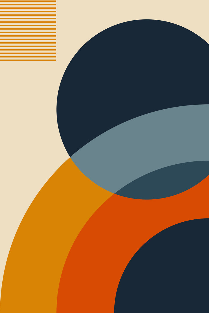 Wadi Home abstract geometric wall art print with navy, terracotta, and blue circles on a cream background in a lounge.