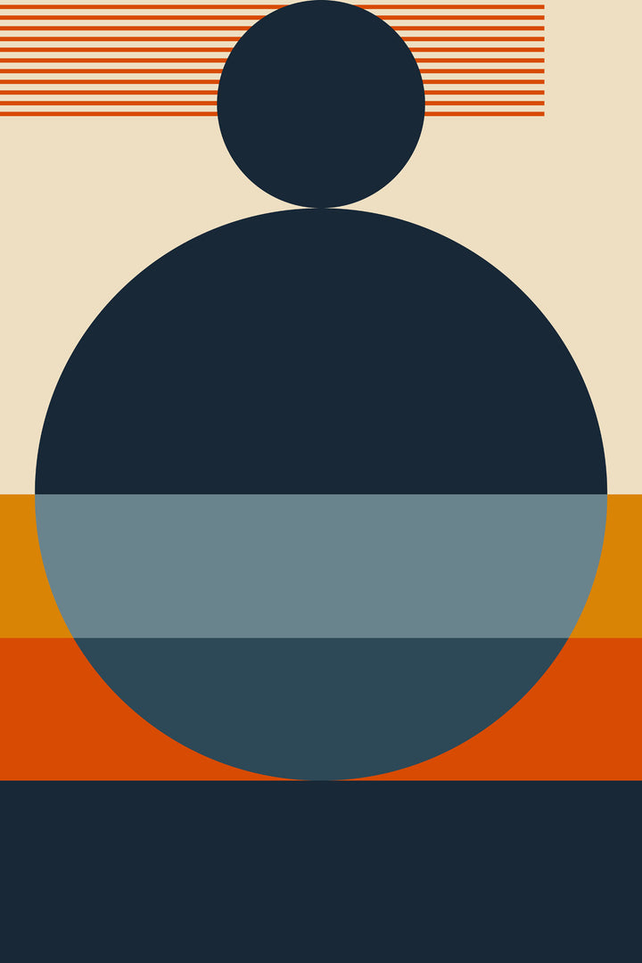 Wadi Home abstract geometric wall art print with navy, blue, and burnt orange circles on a warm brown living room wall.