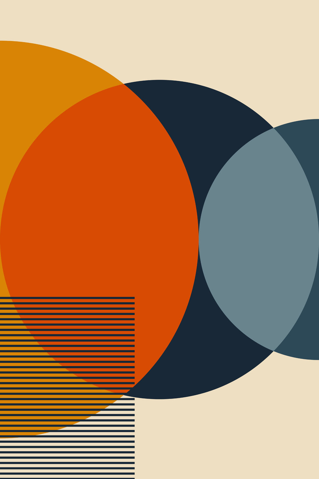 Wadi Home modern geometric abstract wall art print with navy, orange, and slate blue circles in a living room