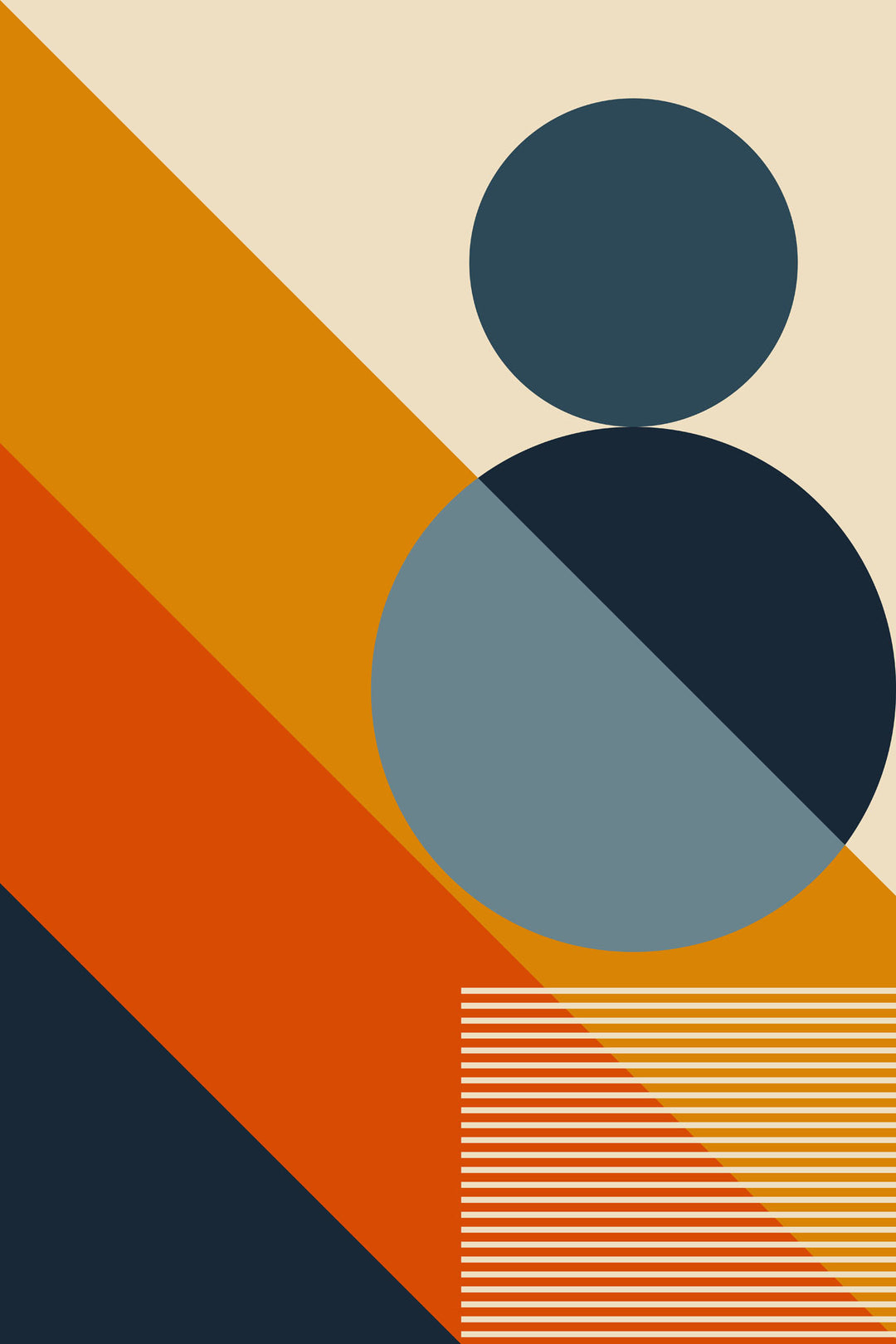 Wadi Home abstract geometric wall art print featuring navy, burnt orange, and yellow circles and stripes in a living room
