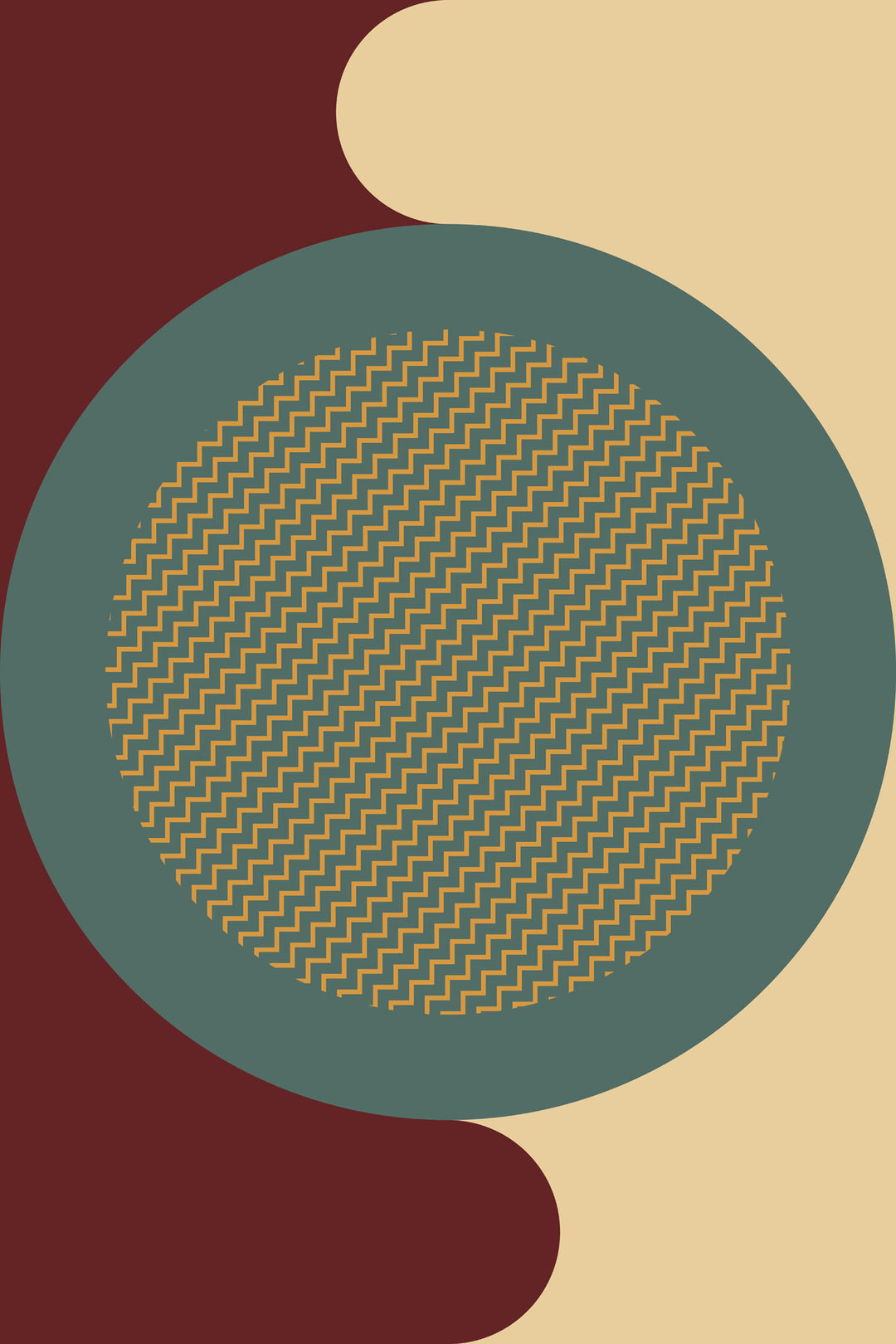 Wadi Home abstract geometric wall art print with burgundy, teal, and cream circles and gold zigzag patterns.
