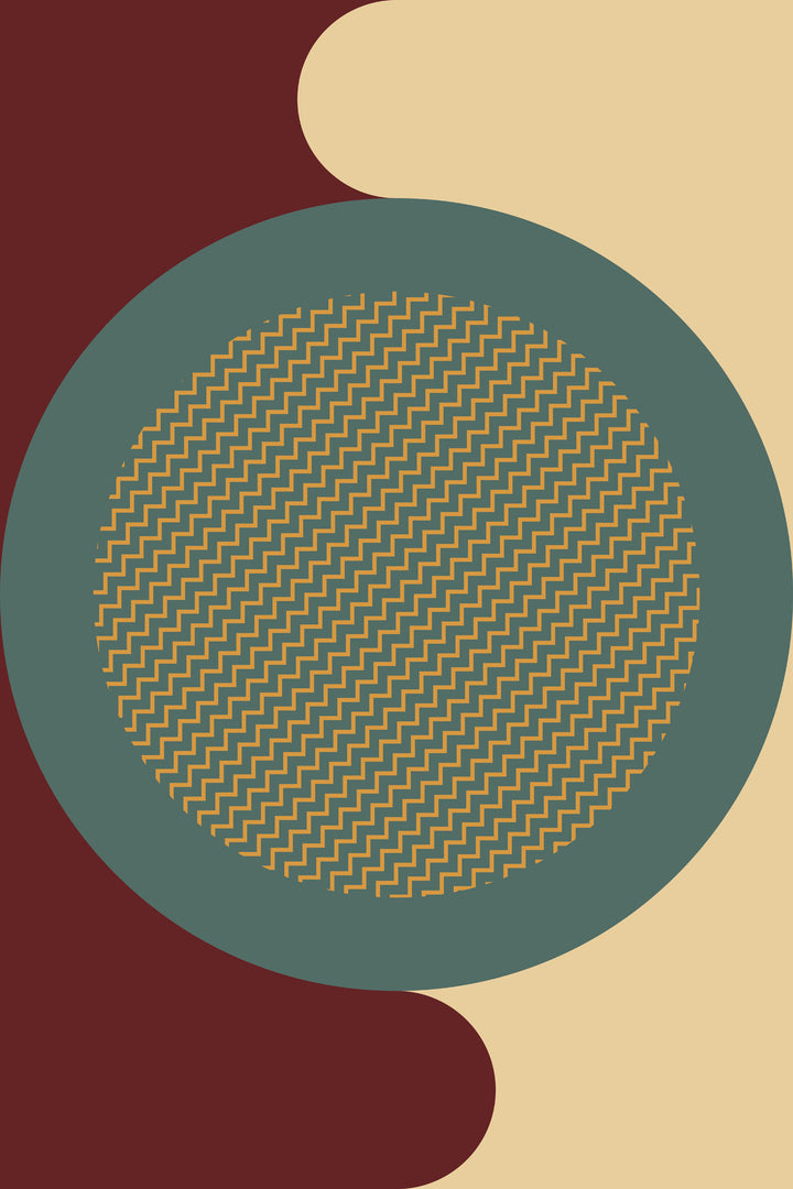 Wadi Home abstract geometric wall art print with burgundy, teal, and cream circles and gold zigzag patterns.