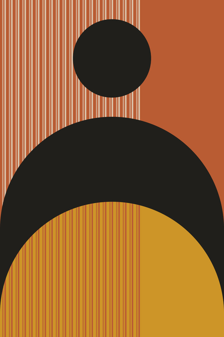 Wadi Home abstract geometric wall art print with terracotta, black, and mustard circles in a modern living room.