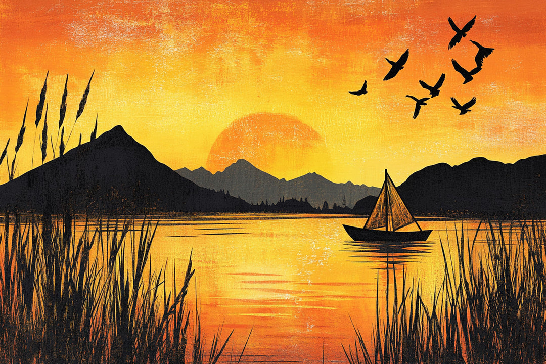 Wadi Home sunset lake landscape wall art print featuring a sailboat and birds above a modern white living room sofa.