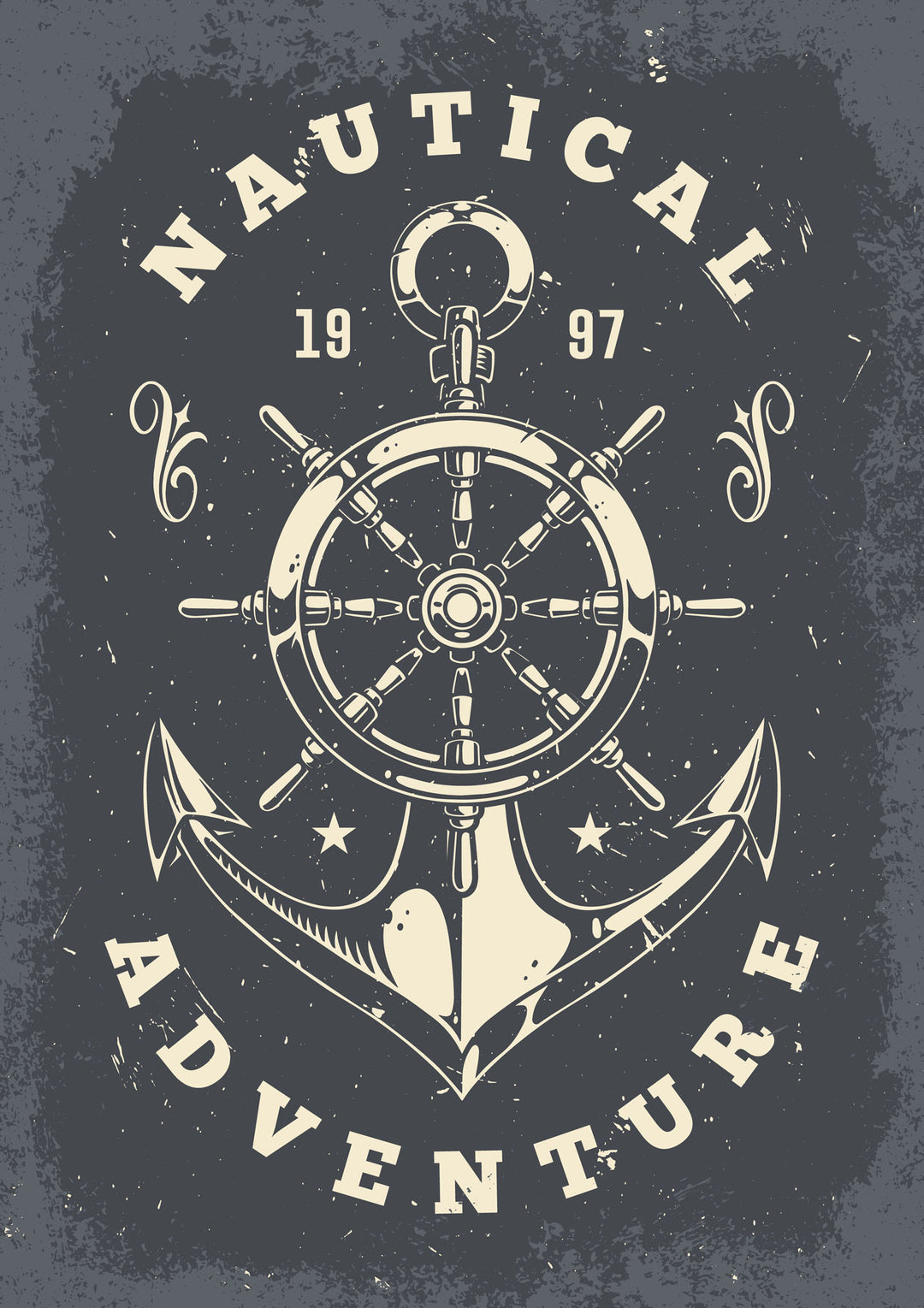 Wadi Home nautical adventure framed wall art featuring a vintage ship wheel and anchor design on a dark grey background