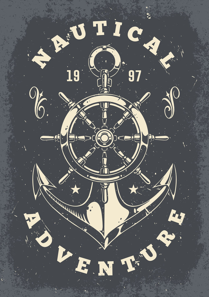 Wadi Home nautical adventure framed wall art featuring a vintage ship wheel and anchor design on a dark grey background