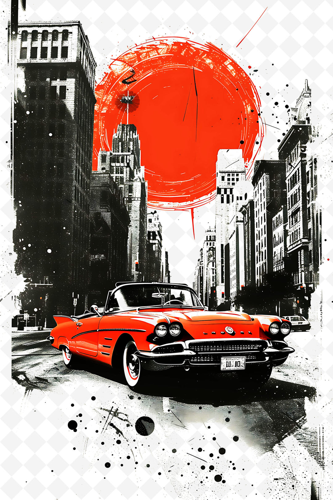 Wadi Home vintage car cityscape wall art print featuring a red convertible in a monochromatic urban setting.