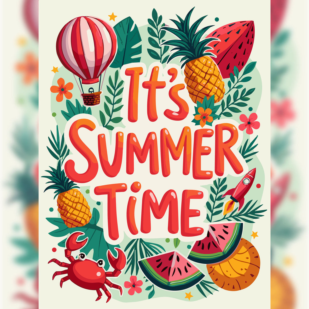 Wadi Home summer themed wall art print featuring pineapple, watermelon, and crab illustrations in a living room.