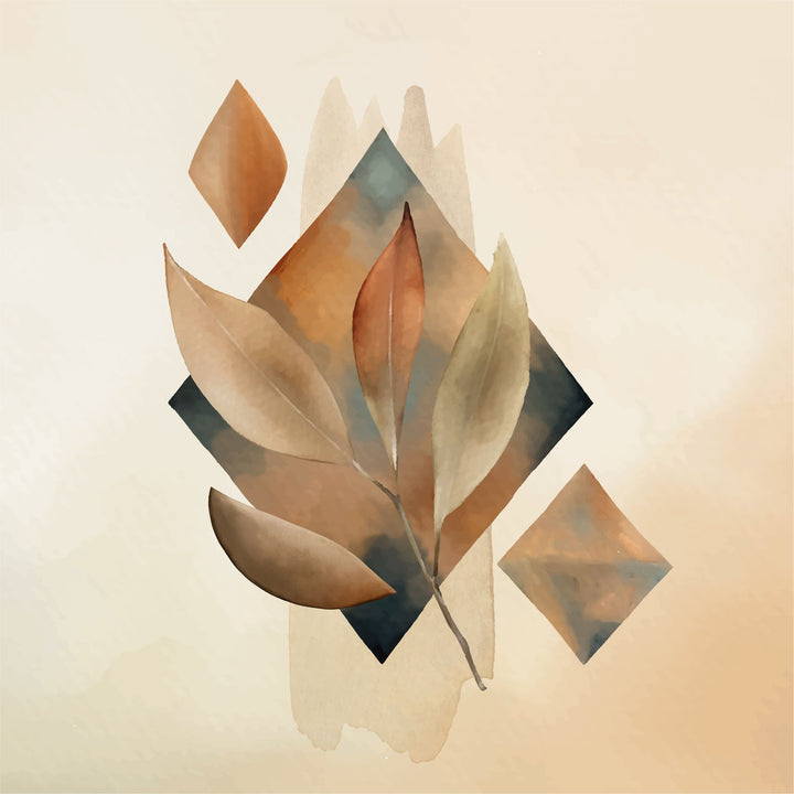 Wadi Home abstract botanical wall art print with earthy watercolor leaves and geometric shapes in a modern living room