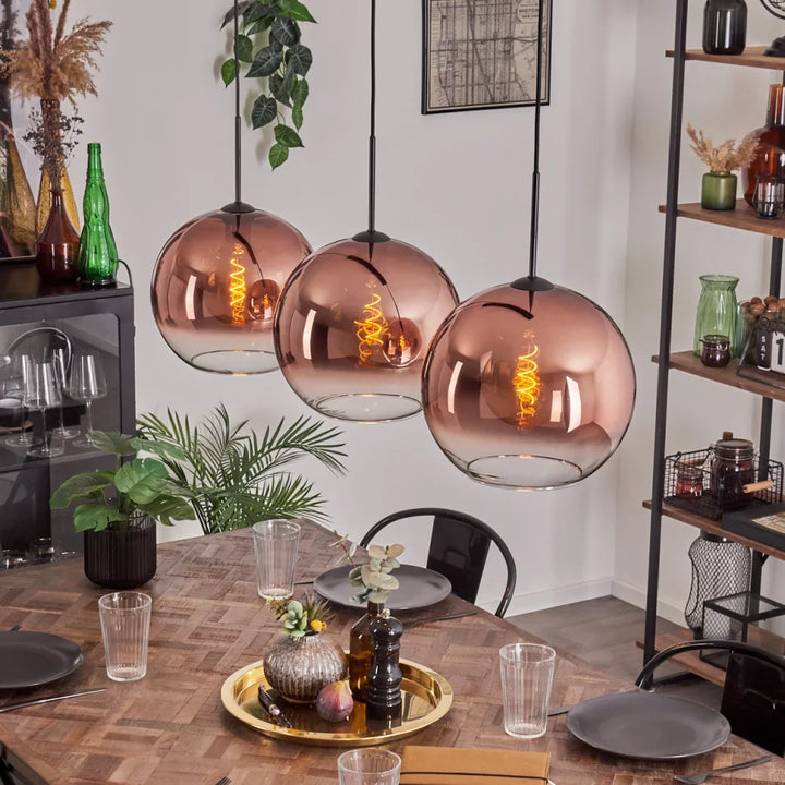 Modern Rose Gold Glass Globe Pendant Light Trio