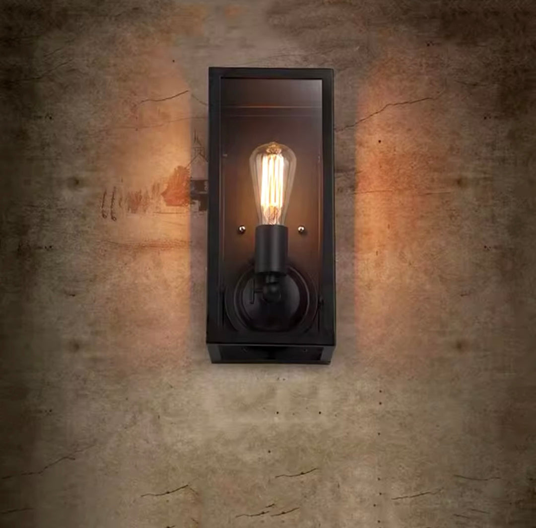 Black Industrial Wall Lantern with Glass Enclosure