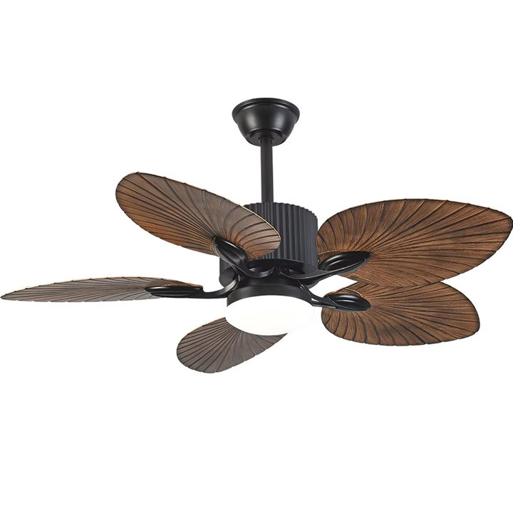 Modern black ceiling fan with five wood-tone leaf-shaped blades and integrated central light