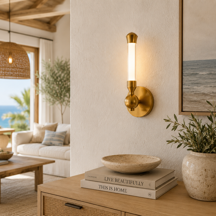 Modern Brass & Black Globe Wall Sconce with Opal Glass Diffuser