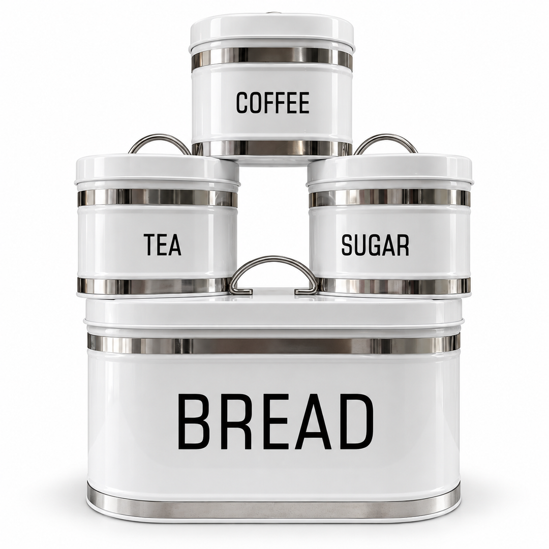 White metal kitchen storage set with bread box and labeled coffee, tea and sugar containers