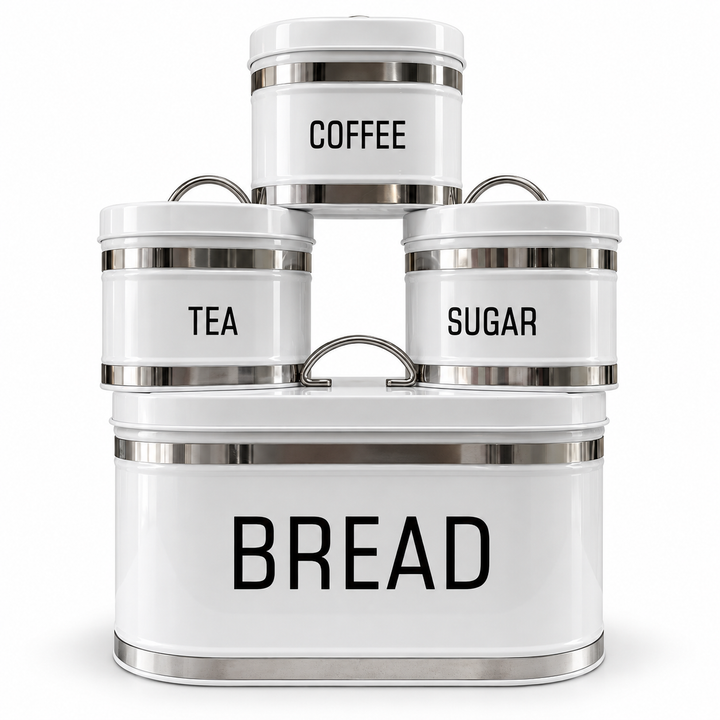 White metal kitchen storage set with bread box and labeled coffee, tea and sugar containers