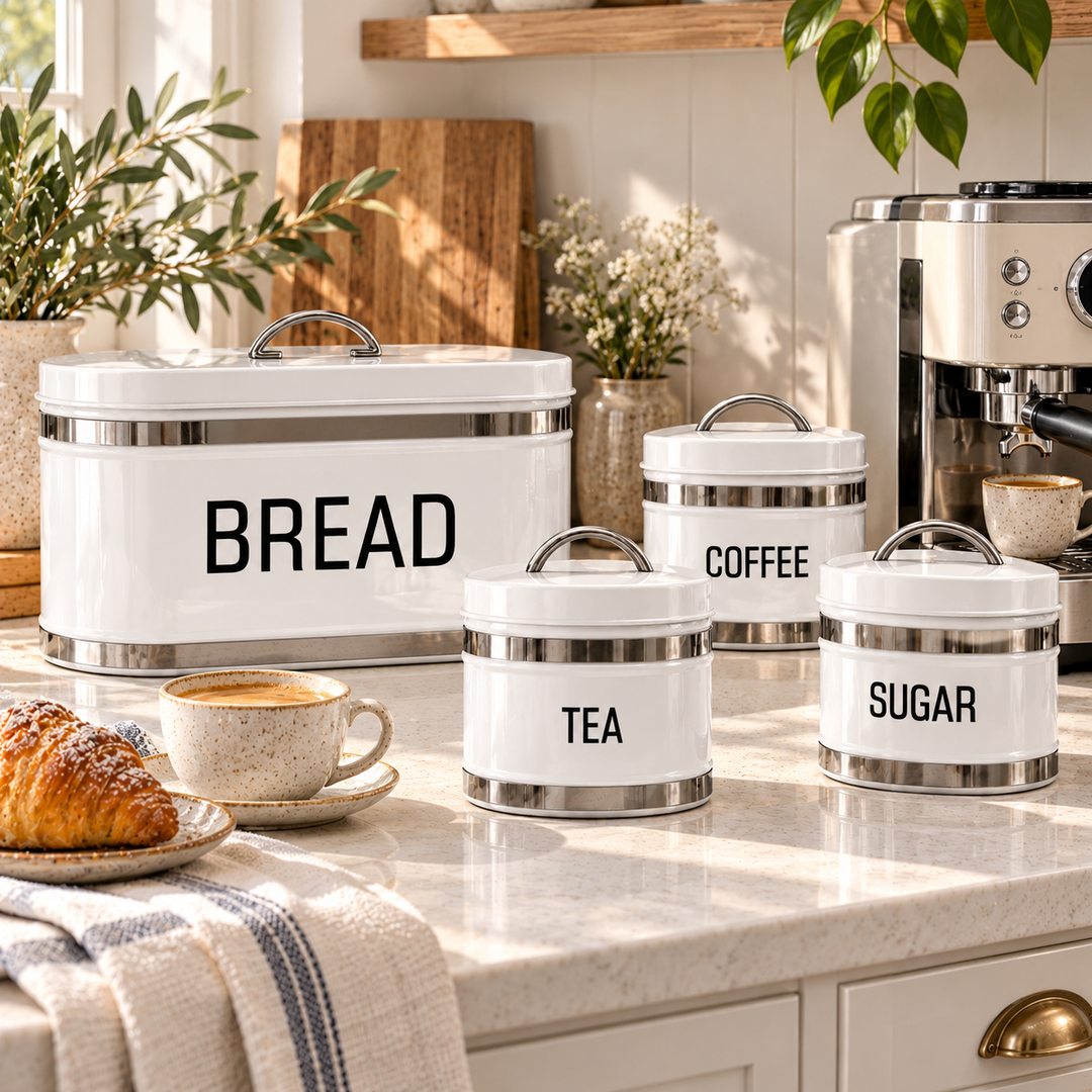 White Metal Kitchen Storage Canister Set with Bread Box, Coffee, Tea & Sugar Containers