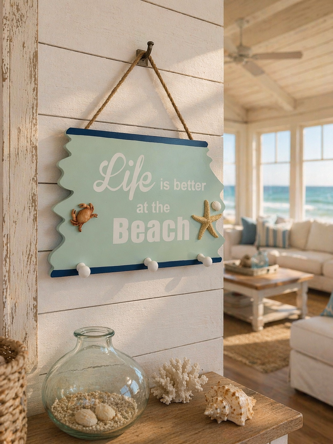 Beach wall hook sign with coastal design for key organization