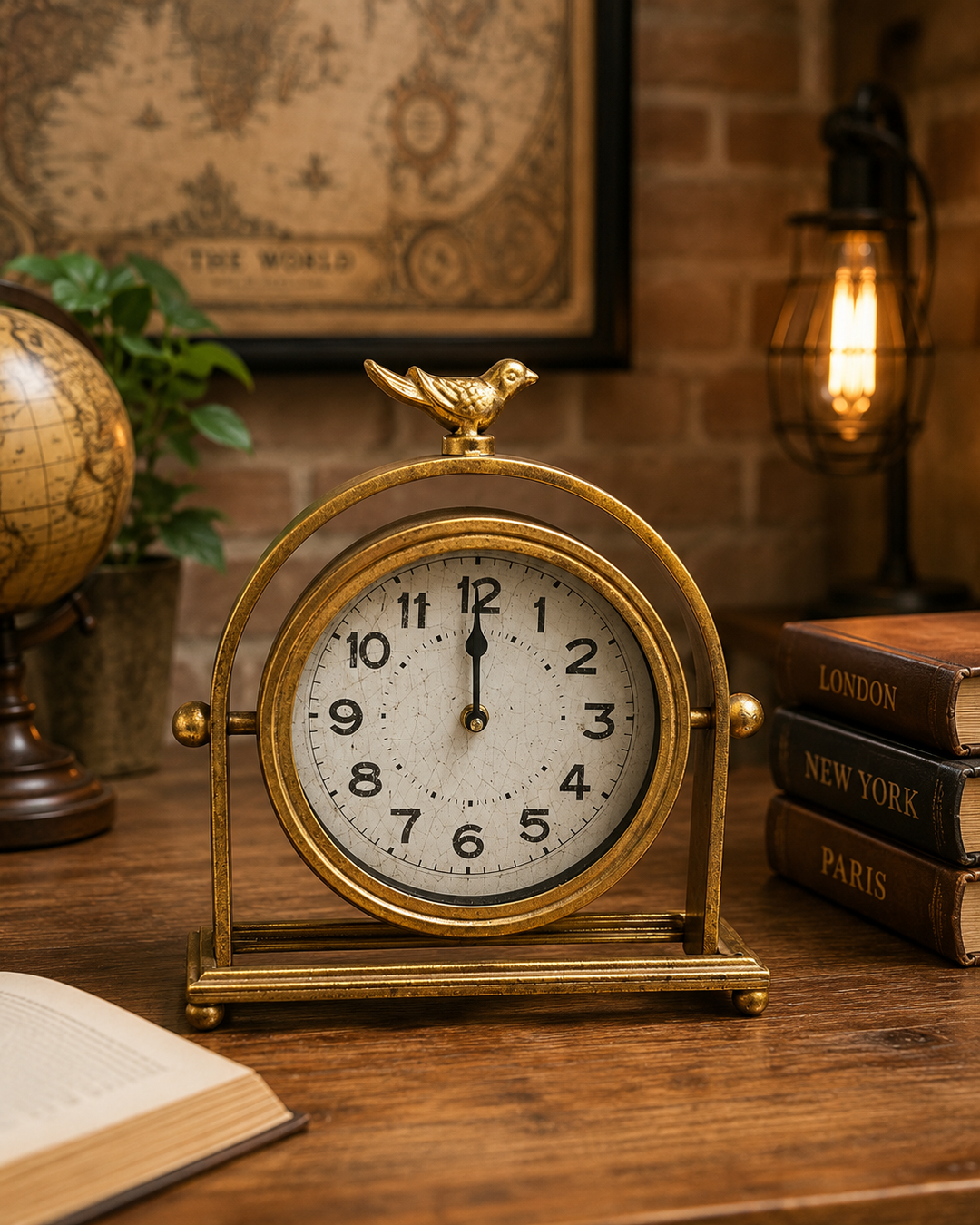 Vintage Brass Bird Accent Table Clock