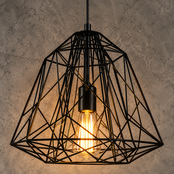 Industrial Pendant Light with Geometric Wireframe Design