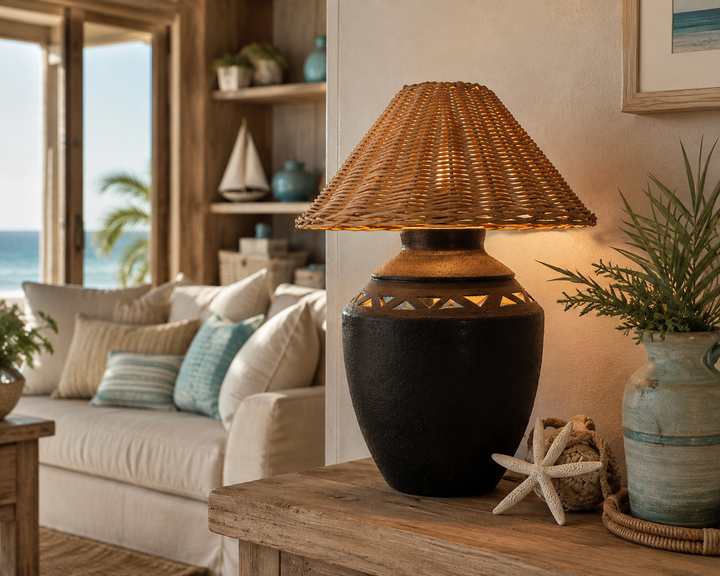 Coastal rustic table lamp with a woven rattan shade and textured dark ceramic base on a wooden console