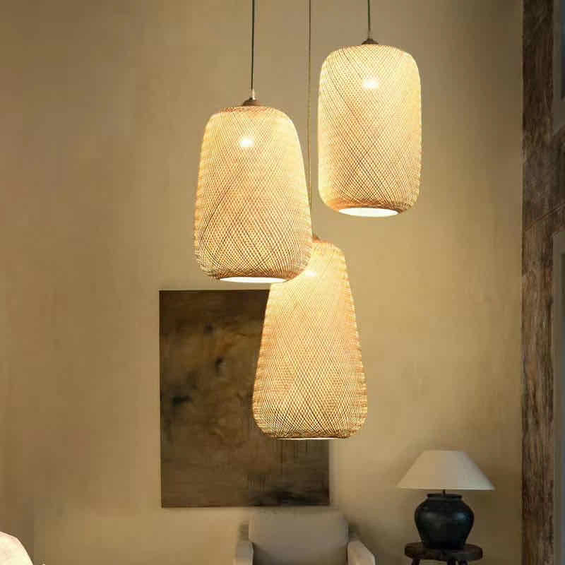 Triple Pendant Light with Woven Bamboo Shades