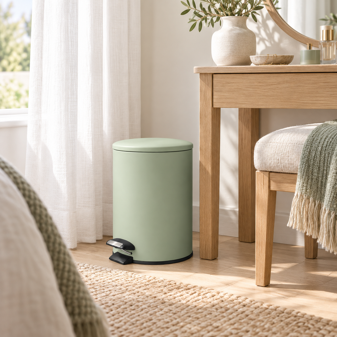 Sage Green Round Metal Pedal Bin with Soft-Close Lid (5 L)