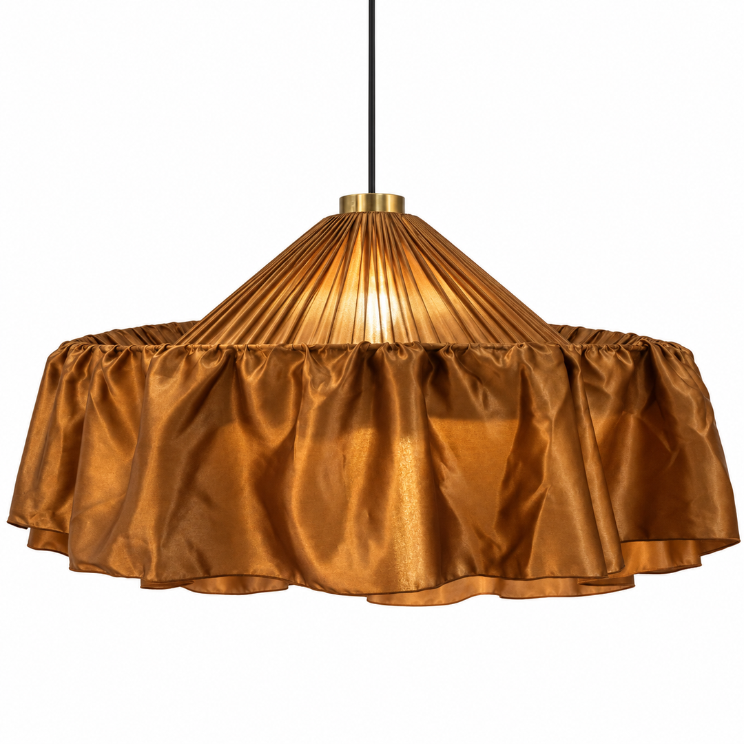 Bronze satin fabric pendant light with a pleated shade and gathered ruffled lower edge