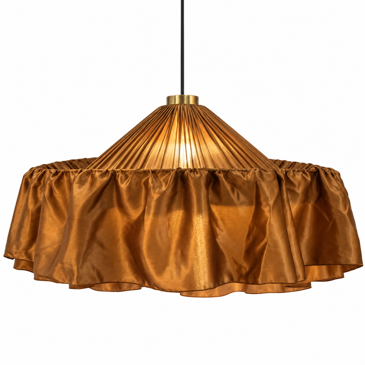 Bronze satin fabric pendant light with a pleated shade and gathered ruffled lower edge