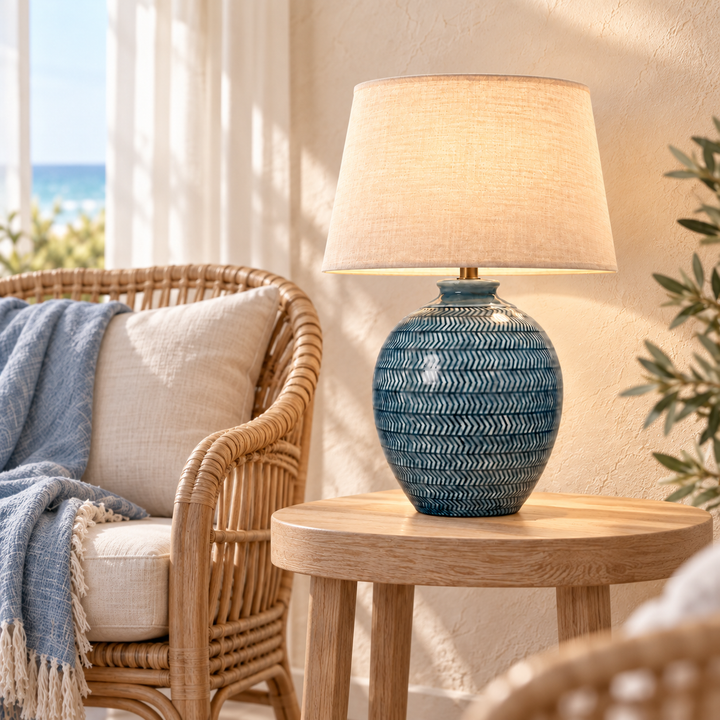 Blue Patterned Ceramic Table Lamp with Linen Shade