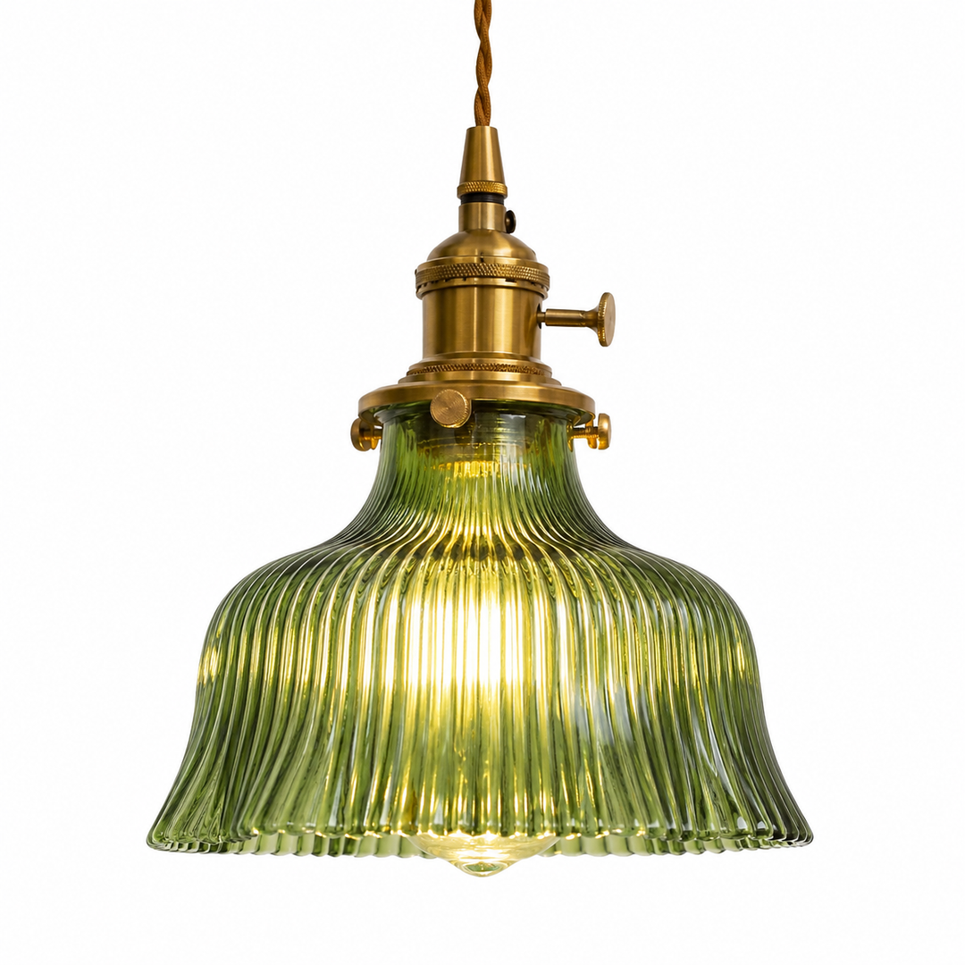 Vintage green ribbed glass pendant light with brass fittings and braided cord