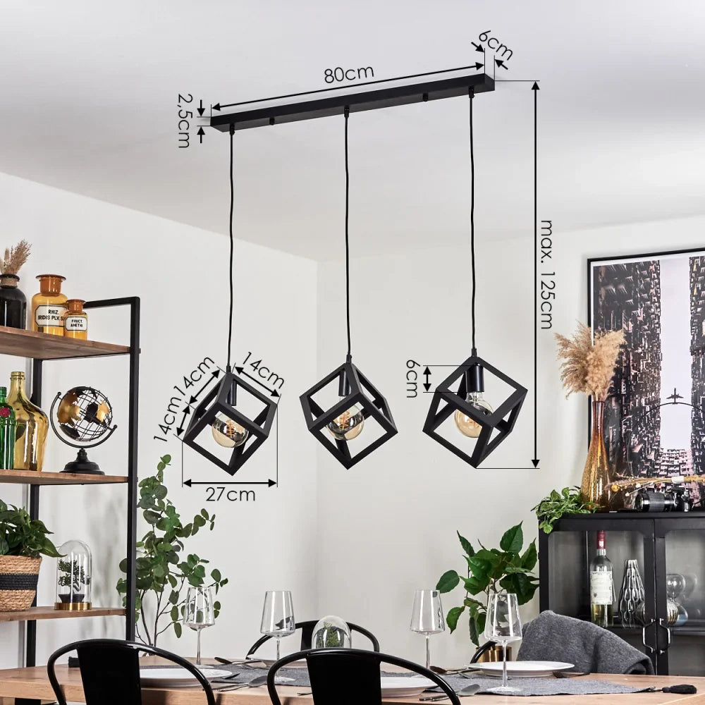 Modern Geometric Black Cube Pendant Light Trio