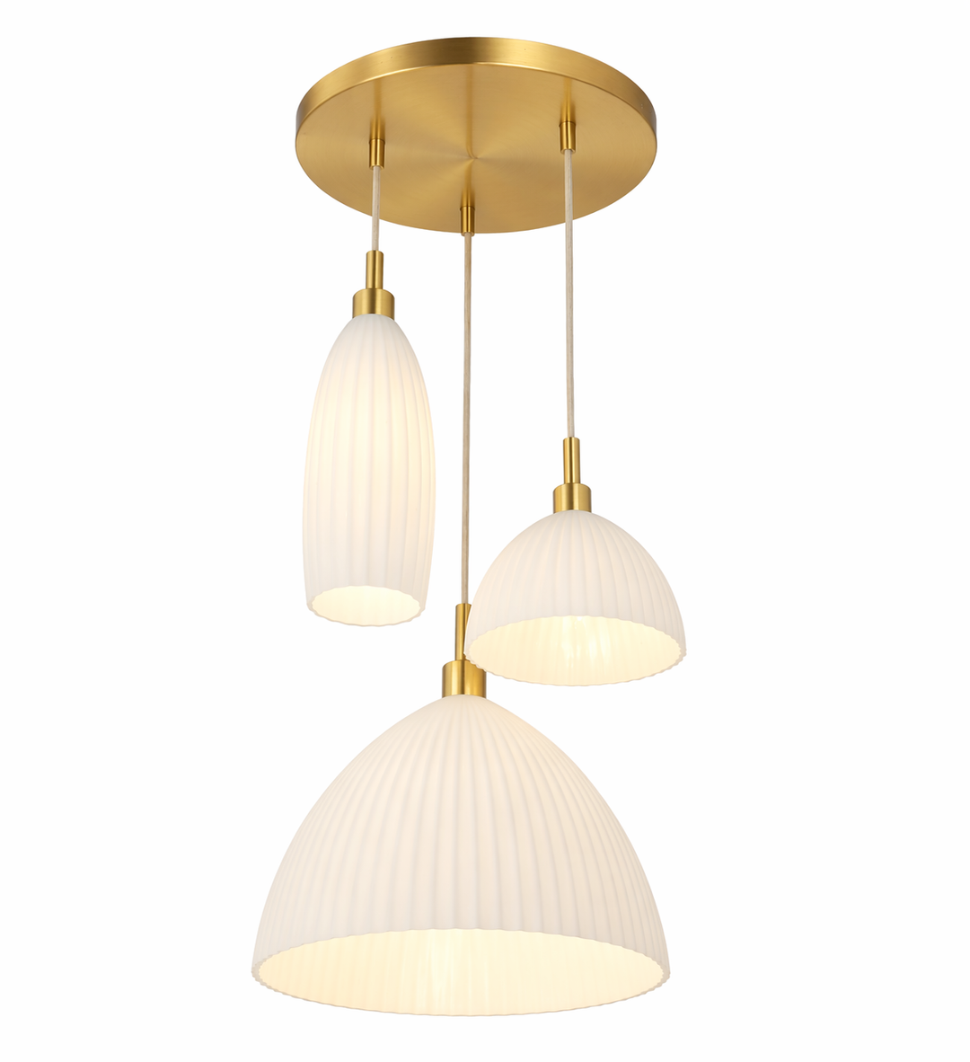 Modern triple pendant cluster light with sculptural design and three hanging lights