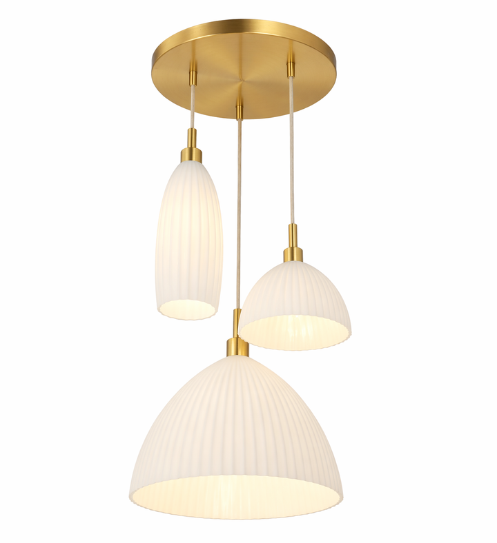 Modern triple pendant cluster light with sculptural design and three hanging lights