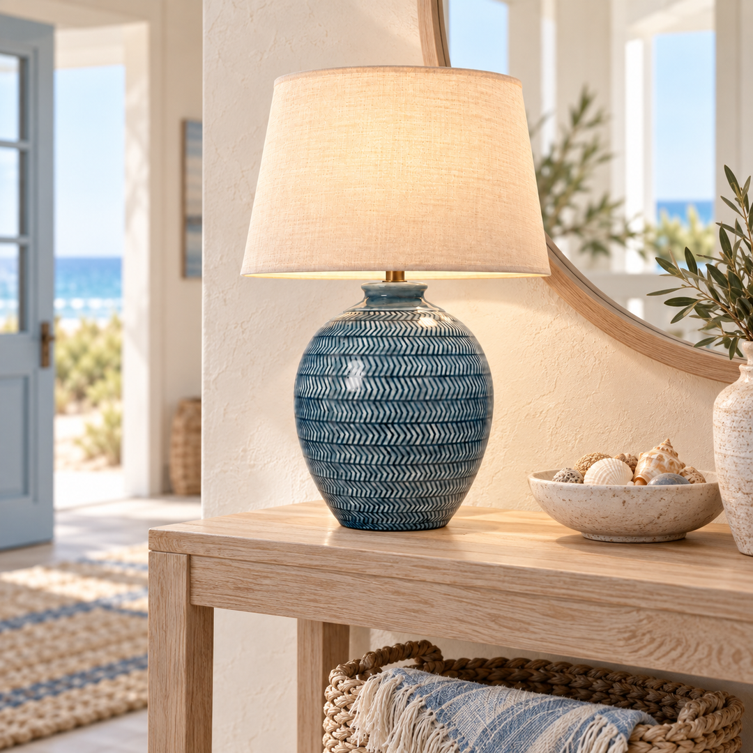 Blue Patterned Ceramic Table Lamp with Linen Shade