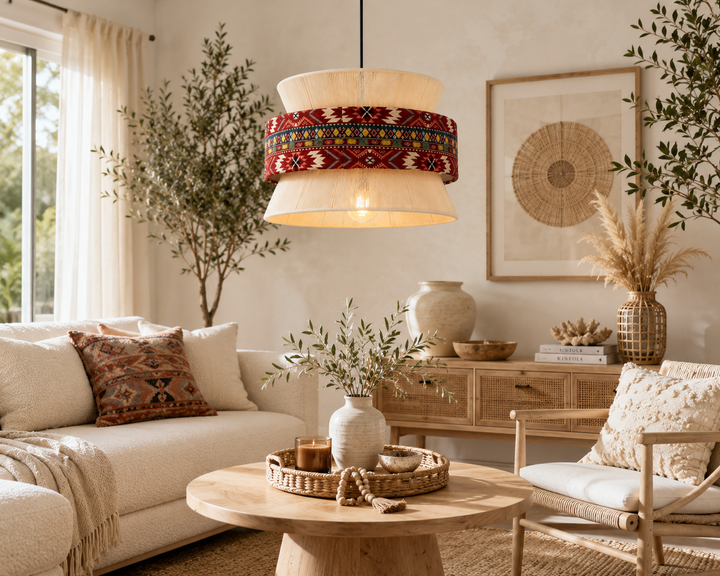 Bohemian Red Pattern Fabric Drum Pendant Light